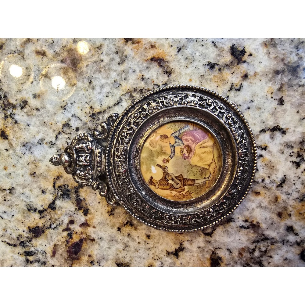Vintage Fragonard Miniature Portrait Ornate Silver Crown Frame Wall Hanging 4.5"